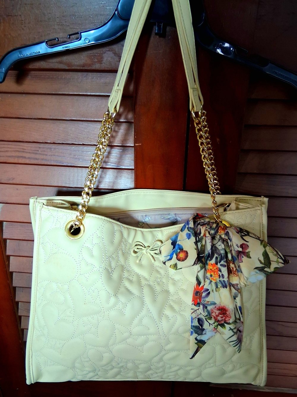 Betsey Johnson Cream Quilted Shoulder Bag with Floral Scarf and Gold Chains